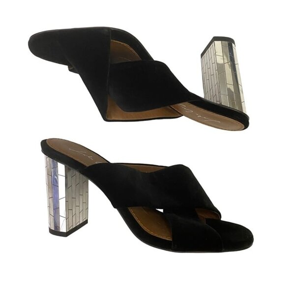 Lola Cruz Black Criss Cross Slip On Heeled Sandals Mirrored Heels Mosaic Size 39 - Picture 3 of 11